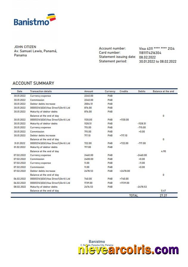 Panama Banistmo bank statement